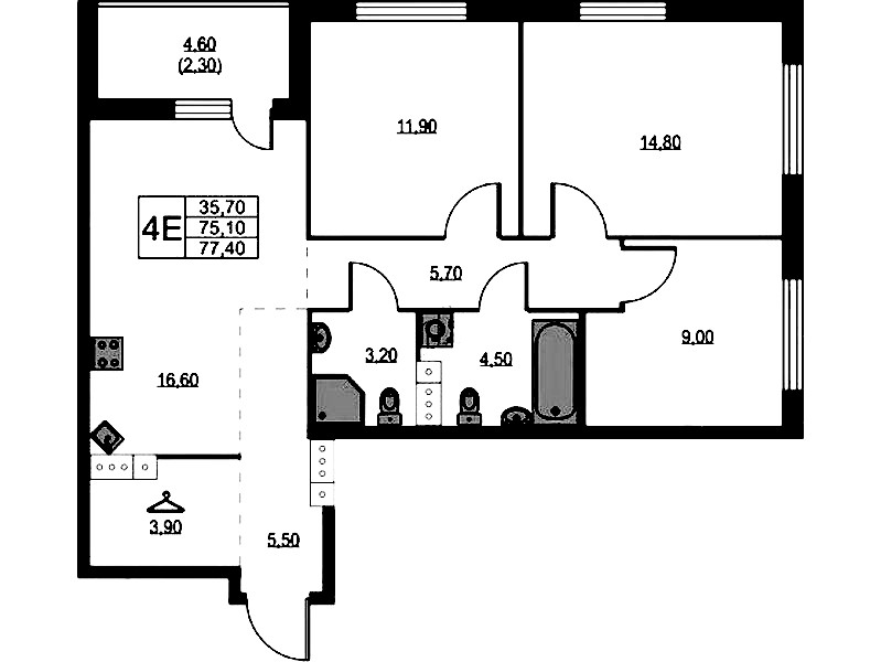 3-комнатная квартира 77.4 м², 12/13 эт., ЖК «А101 Лаголово»